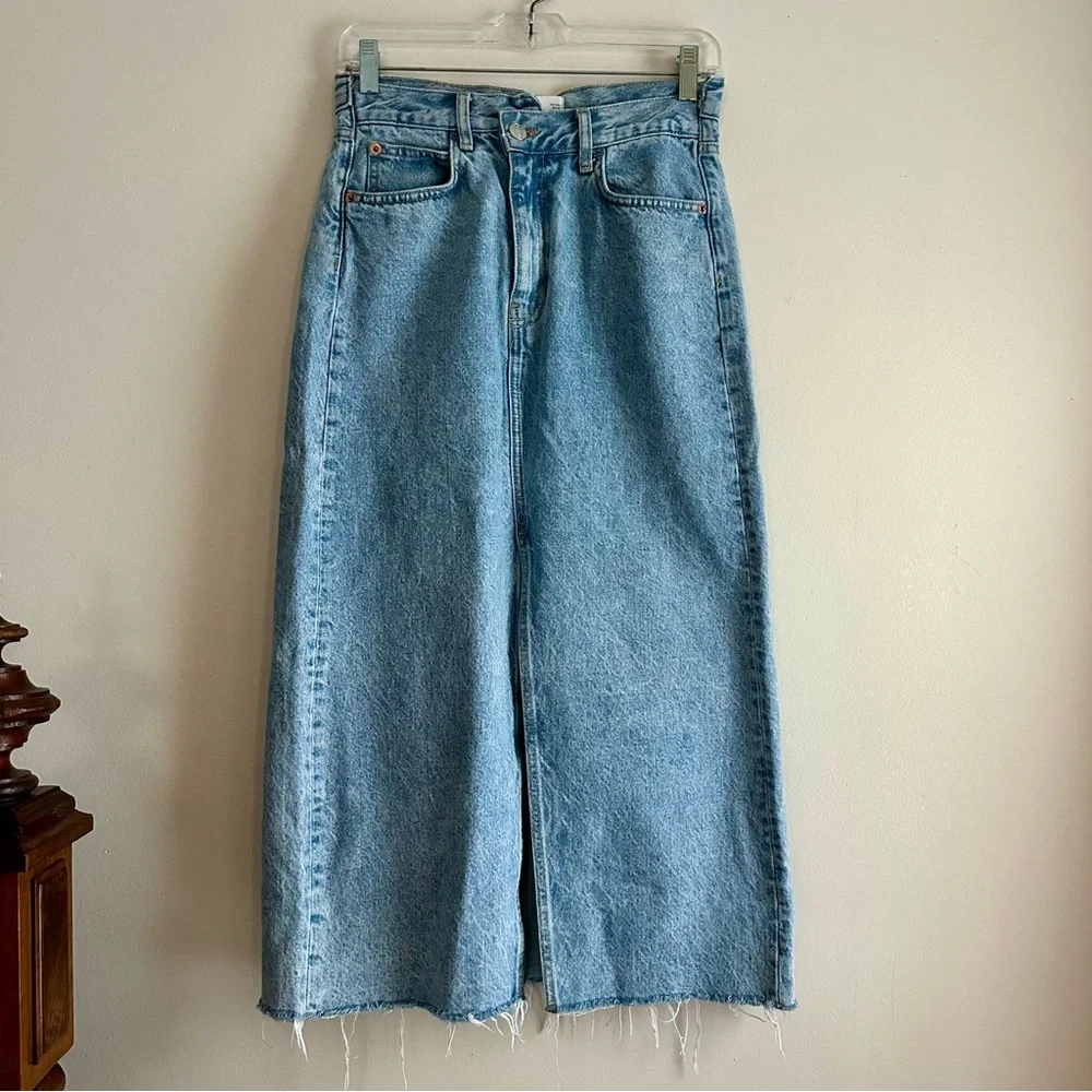 MNG‎ Denim • Front Slit Jean Midi Skirt